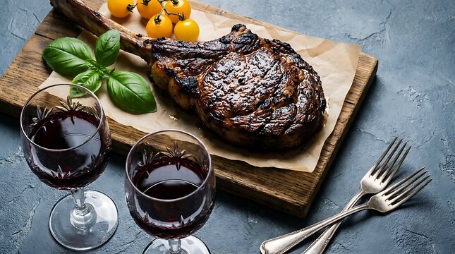 Grilled Tomahawk Steak and Red Wine on Wooden Board with Tomatoes for Restaurant Menu Food Photography Presentation.