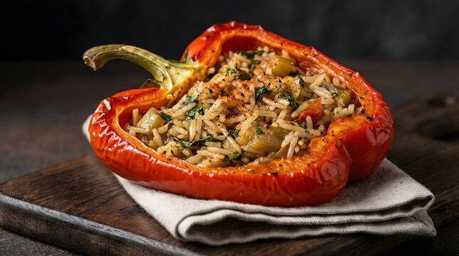 Roasted red bell pepper stuffed with seasoned rice and herbs, savory vegetarian stuffed pepper on a rustic wooden board with linen napkin. Gourmet Mediterranean stuffed vegetable dish with