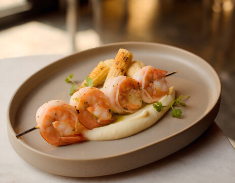 Gourmet grilled shrimp skewer served on creamy mashed potato puree with roasted baby corn. Elegant seafood appetizer featuring grilled prawns on a wooden skewer. Fine dining plated shrimp dish