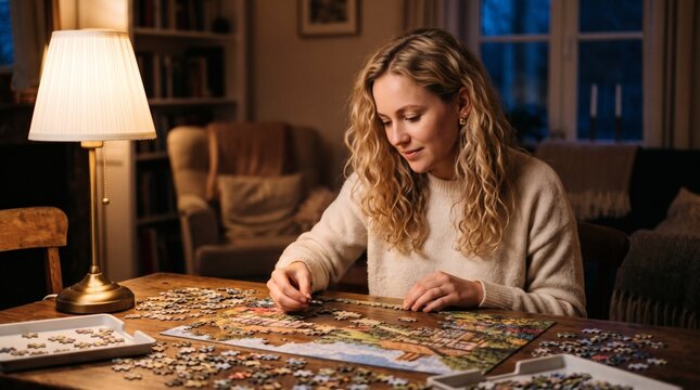 Woman concentrating on assembling a jigsaw puzzle at a wooden table in a cozy room with warm lamp light
