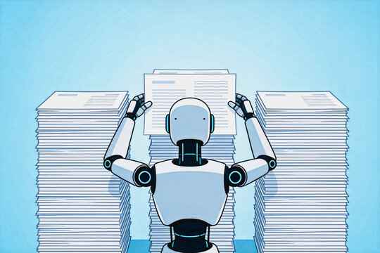 A humanoid robot handles stacks of paper documents, representing automated data processing and office work assistance.
