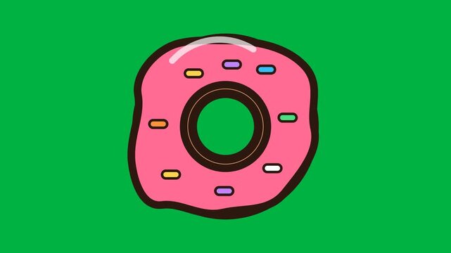 Cute pink frosted donut flat vector icon with sprinkles on green background