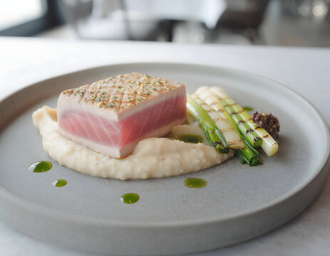 Seared ahi tuna steak with sesame crust served on cauliflower puree. Gourmet grilled tuna loin with charred asparagus and herb oil on a modern ceramic plate. Elegant seafood dish in a fine
