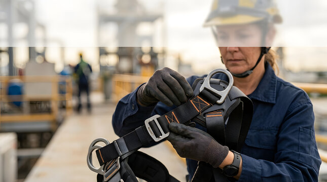 A dedicated female construction worker inspects her protective fall harness gear before climbing high structures at a busy industrial energy facility to maintain optimal safety standards for all