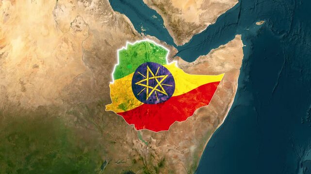 3D Satellite Map Animation Highlighting Ethiopia with Flag Texture and Waving National Flag