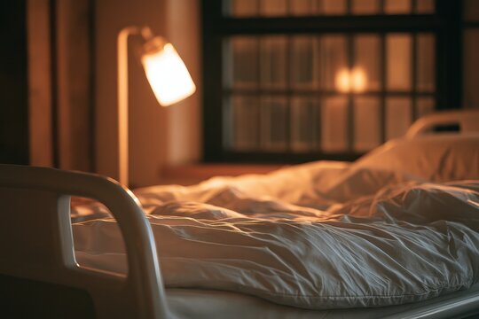 A dimly lit hospital bed sits in a quiet room at night. This emotional image highlights themes of medical care, recovery, and patient comfort.