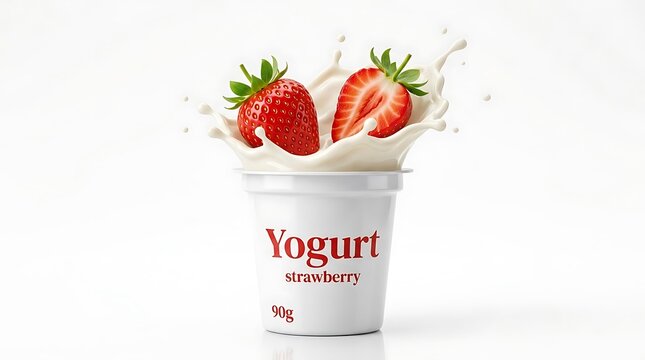 Fresh Strawberry Yogurt Cup with Creamy Milk Splash Studio Shot Isolated on White for Healthy Snack Food Advertising