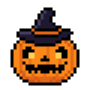Retro-Style Pixel 8 bit spooky pumpkin Jack-O'-Lantern Wearing a Witch Hat Vector