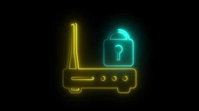 Neon Wi-Fi Router Security Icon neon outline of a wireless router with antennas and Wi-Fi signal animation on a dark background