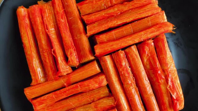 Top-down overhead flat lay shot of orange-red imitation crab sticks (surimi) neatly arranged in rows on a sleek black round plate. The vibrant contrast of colors showcases a fresh and clean presentati