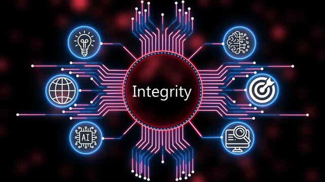 A glowing neon integrity icon surrounded by smaller icons. management all connected in a digital circuit like pattern, manufacturing planning, manufacturing strategy. 4k