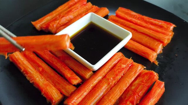 Close-up shot of a person using metal chopsticks to dip a piece of imitation crab stick (surimi) into a small square bowl of savory soy sauce (shoyu). The orange-red crab sticks are neatly arranged on