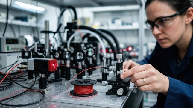 Optical engineer aligning red laser module, fiber spool, collimator, lens mounts, and cooling tubes on a photonics lab bench.