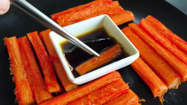 Close-up shot of a person using metal chopsticks to dip a piece of imitation crab stick (surimi) into a small square bowl of savory soy sauce (shoyu). The orange-red crab sticks are neatly arranged on