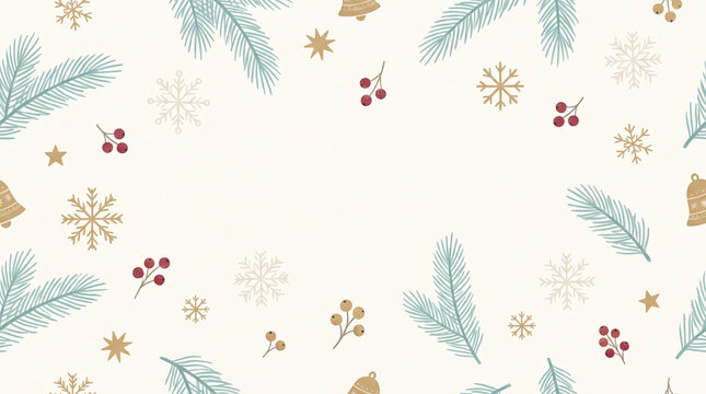 Minimal Christmas pine branch, snowflake, star, berry and bell pattern on cream background for elegant holiday banners and cards.