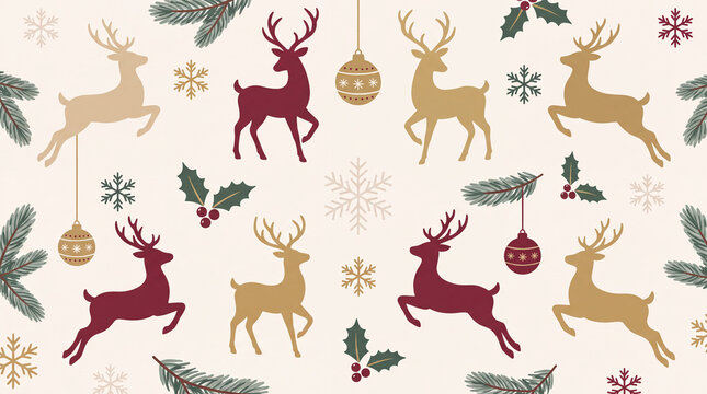 Elegant Christmas reindeer, holly, bauble, snowflake and star pattern on white background for festive winter banners and cards.