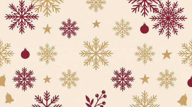 Delicate Christmas snowflake pattern on deep red background with gold accents for elegant holiday banners and greeting cards.