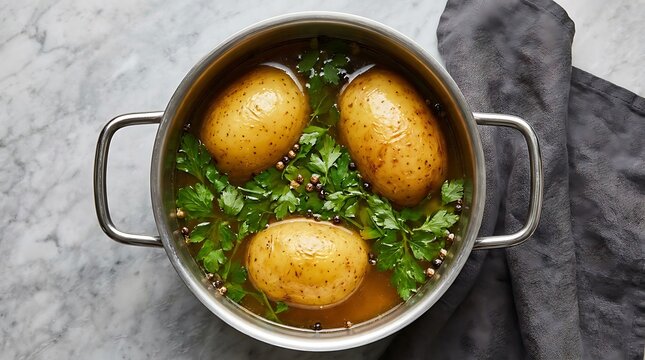 Fresh whole boiled potatoes in a steel pot with parsley herbs and broth for a healthy soup recipe on marble table.