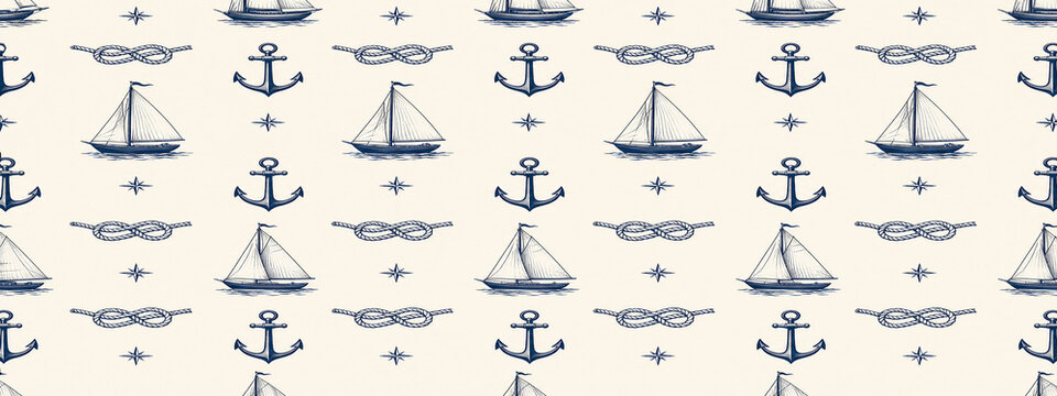 Vintage nautical seamless pattern, hand drawn sailboat and anchor illustrations, navy blue maritime wallpaper on cream background