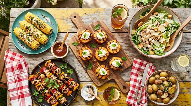 Outdoor Summer BBQ Dinner Party Food Spread with Grilled Chicken Kabobs Corn Peaches and Salad for Garden Dining