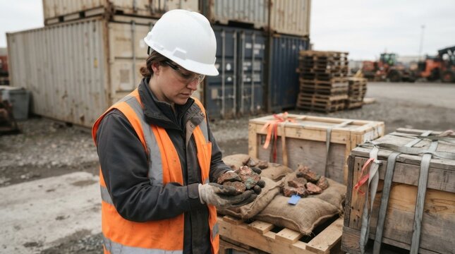 Logistics specialist inspecting copper ore samples beside containers, rail pallets, and cargo straps