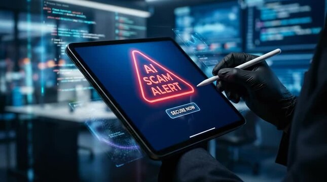 Hand clicking secure button on tablet during scam alert