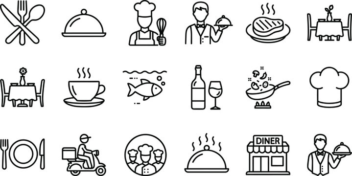 Restaurant and Food Service Icon Collection for Dining, Chefs, Catering, Delivery and Hospitality