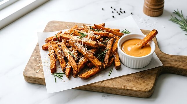 Crispy Sweet Potato Fries with Rosemary and Parmesan Cheese on Wooden Board with Sauce for Food Menu and Website Banner