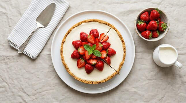 Fresh Strawberry Cheesecake with Mint Garnish on White Plate, Top View Food Photography for Recipe Blog or Menu Design