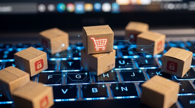 Miniature cardboard delivery boxes with shopping cart and security padlock icons arranged over an illuminated laptop keyboard representing online shopping and digital commerce concepts