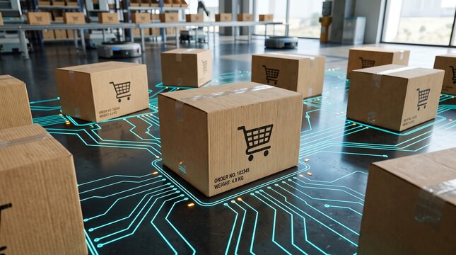 Automated fulfillment warehouse floor featuring cardboard packages with shopping cart icons moving across illuminated digital circuit paths directed by modern logistics robots