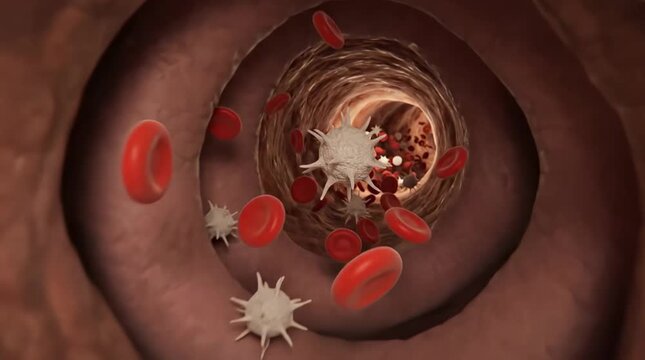 Red and white blood cells flowing through blood vessel