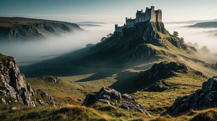 Fototapeta premium Majestic medieval castle sits on steep rocky hill above misty valley. Fog covers green landscape, hills under soft morning light. Ancient fortress towers over dramatic mountain scenery with long