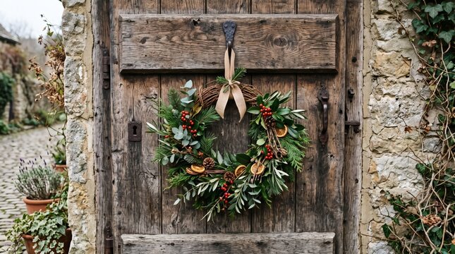 Rustic Wooden Door with Festive Christmas Wreath Decorated with Berries Pinecones and Dried Oranges