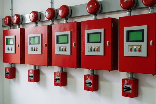 Row of red industrial fire alarm control panels with bells and manual pull stations mounted on a white wall. These systems ensure building safety and emergency response readiness.