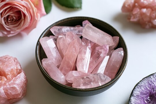 A small dark bowl filled with polished rose quartz crystal points sits beside a soft pink rose. Ideal for spiritual healing or holistic wellness marketing.