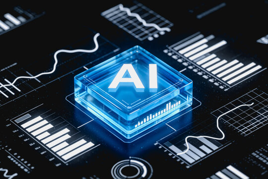 A transparent blue AI processor chip sits on a digital interface with data charts and analytics elements, representing artificial intelligence computing.