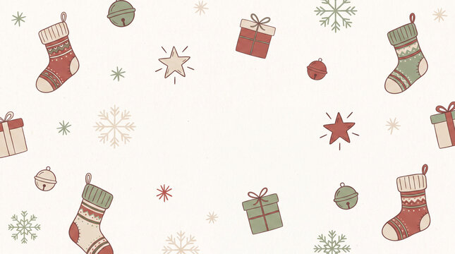 Cozy Christmas stocking, gift, bell, snowflake and star pattern on cream background for festive holiday banners and greeting cards.
