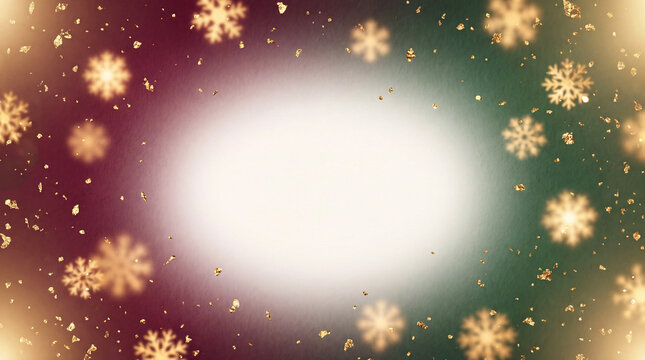 Warm holiday gradient background in muted wine and pine green with shimmering gold particles and gentle snowfall for elegant festive invitations.