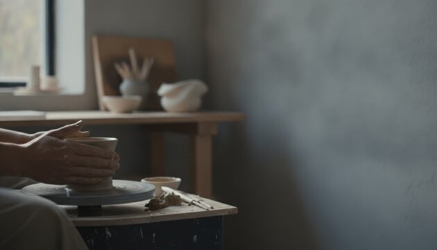 Potter shaping clay vessel on spinning pottery wheel