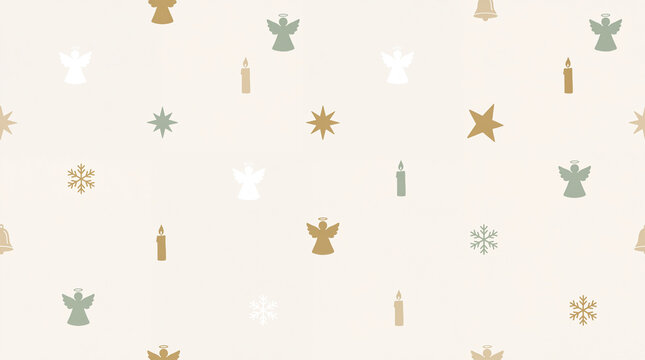 Premium Christmas angel, candle, bell, snowflake and star pattern on white background for elegant winter invitations and cards.