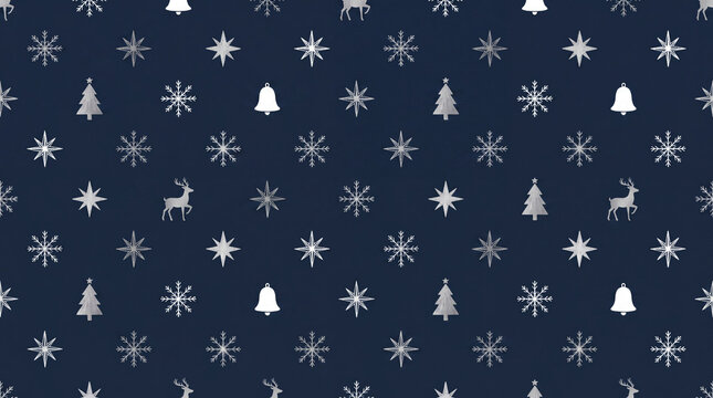 Magical Christmas reindeer, tree, gift, snowflake and star pattern on navy background for winter holiday website headers and cards.