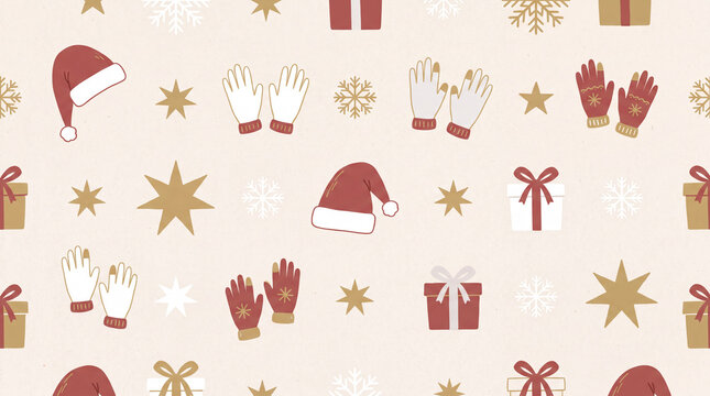 Joyful Christmas hat, glove, holly, gift, snowflake and star pattern on red background for festive holiday banners and greeting cards.