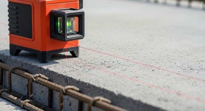 Orange laser level projecting a red measurement line on a concrete surface during construction work