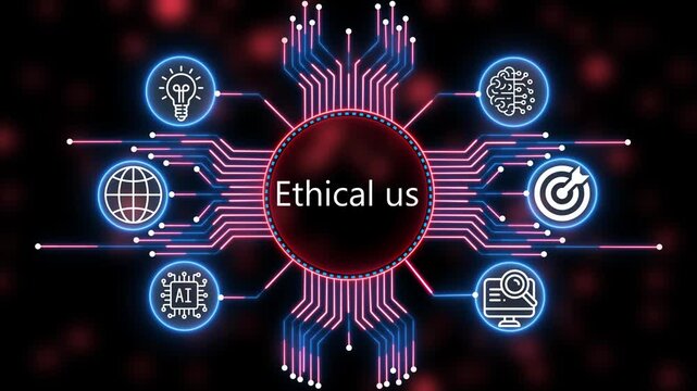 A glowing neon ethical us icon surrounded by smaller icons. management all connected in a digital circuit like pattern, manufacturing planning, manufacturing strategy. 4k