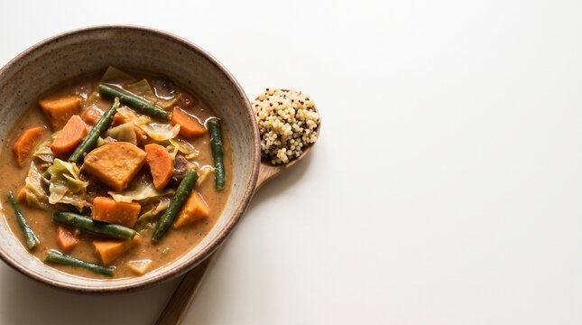 Plant-based vegetable maf&eacute; with peanut tomato sauce, sweet potato and fresh vegetables, designed for culinary education, vegan food campaigns, restaurant menus, and international cuisine content.