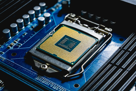A central processing unit (CPU) installed in the socket of a blue computer motherboard, showing its pin grid array.