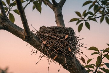 Naklejka premium Empty bird nest woven from twigs rests on a thick tree branch against a soft twilight sky. Leaves frame the composition, suggesting a natural habitat ready for new life.