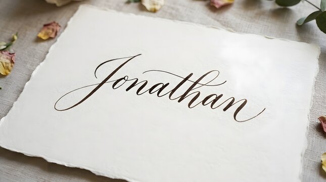 Elegant Hand Written Calligraphy Name Jonathan on White Handmade Paper with Floral Decor