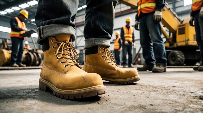 Close up of yellow leather work boots on industrial floor. Construction worker stands in warehouse wearing safety footwear, blue jeans. Colleagues in high vis vests work near heavy machinery in